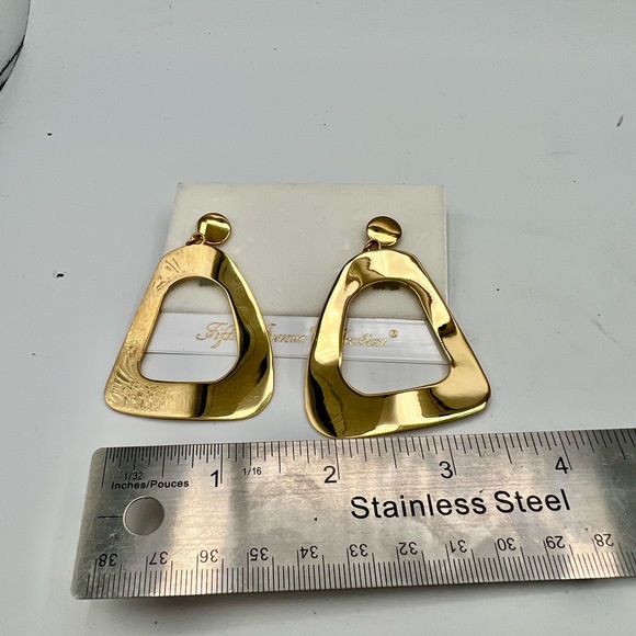 Gold Tone Geometric Statement Drop Earrings Earrings Bold Modern Open Shape - Picture 8 of 9